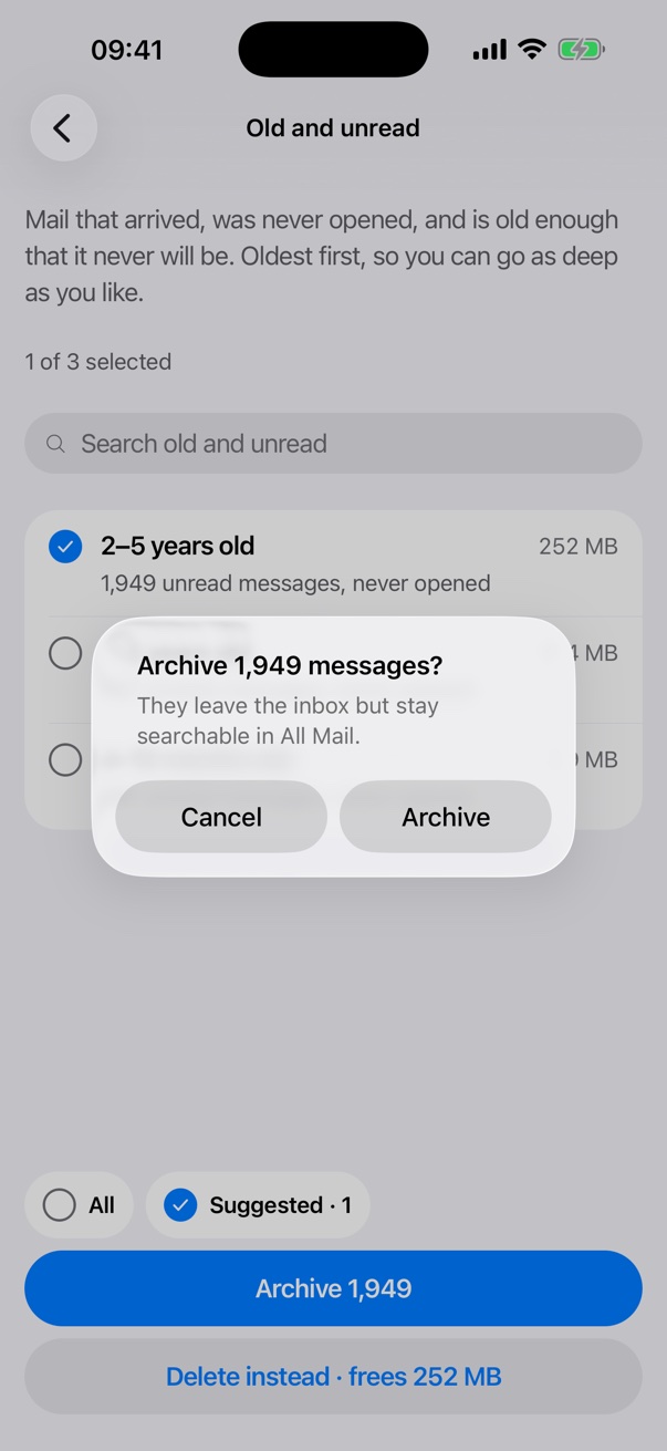 Pillarbox asking: Archive 1,949 messages? They leave the inbox but stay searchable in All Mail. Cancel or Archive.