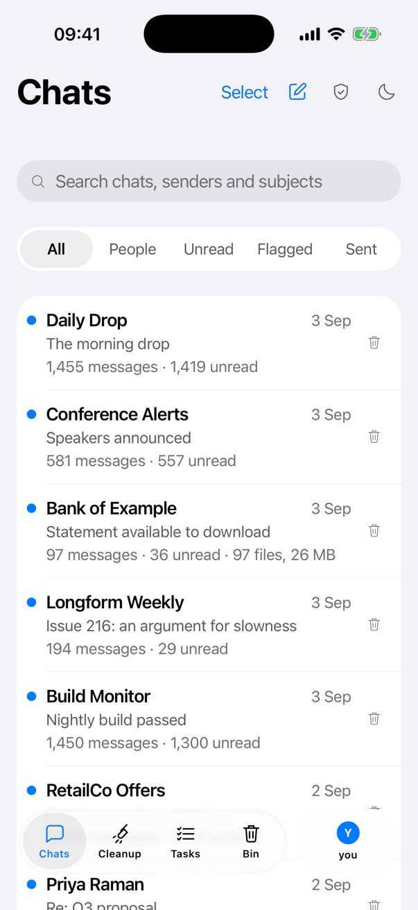 The Chats list in the demo mailbox.