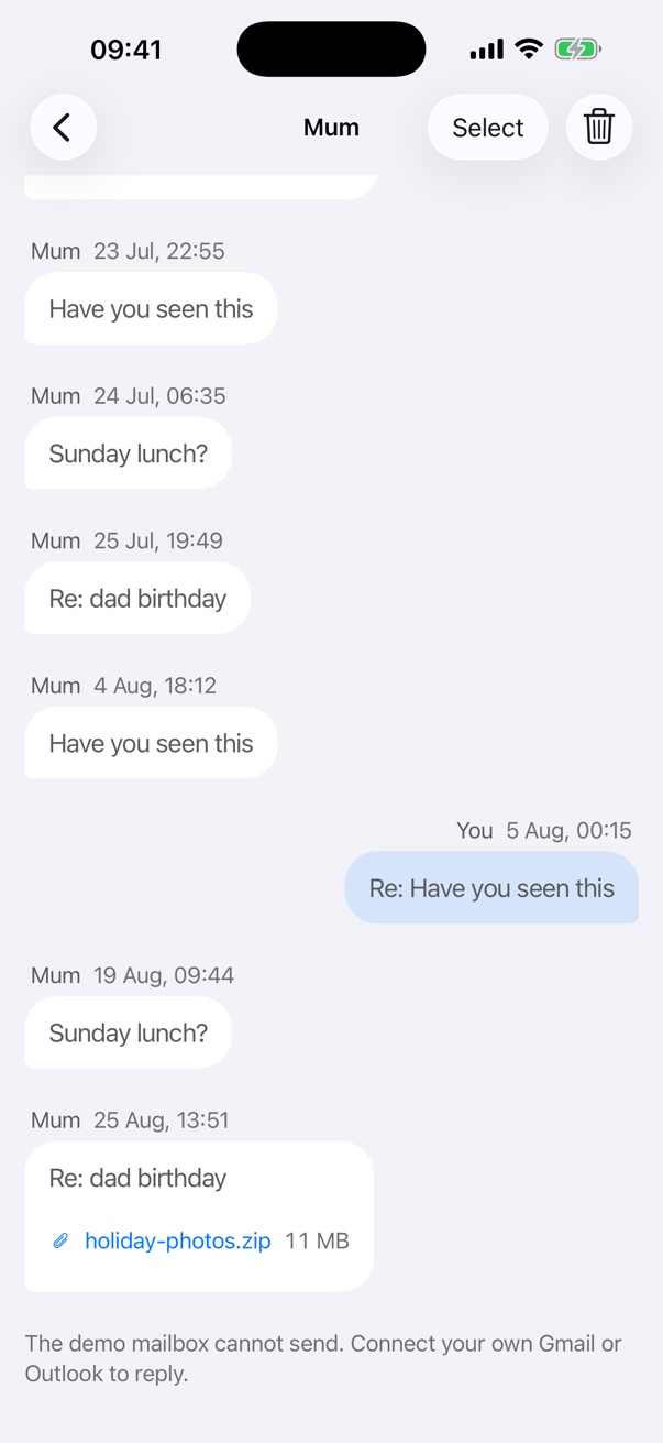 A conversation with Mum shown as chat bubbles, including Sunday lunch? and an attached holiday-photos.zip.