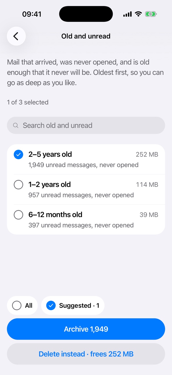 The Old and unread tool: 1,949 messages two to five years old, never opened, ready to archive.