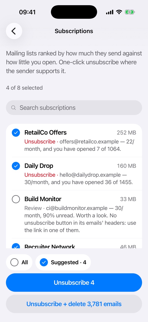 The Subscriptions tool, with mailing lists ranked and ticked for unsubscribing.